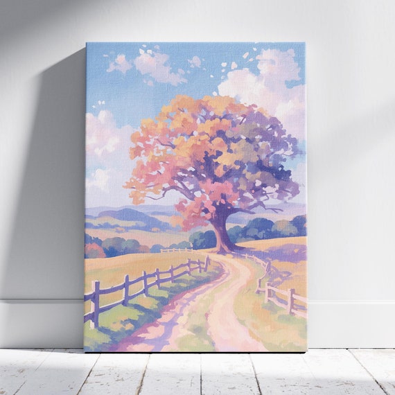 Charming Landscape Tree Art Footpath Fence Print Watercolor Rustic Tree Decor Peaceful Footpath Art Wall Art Prints