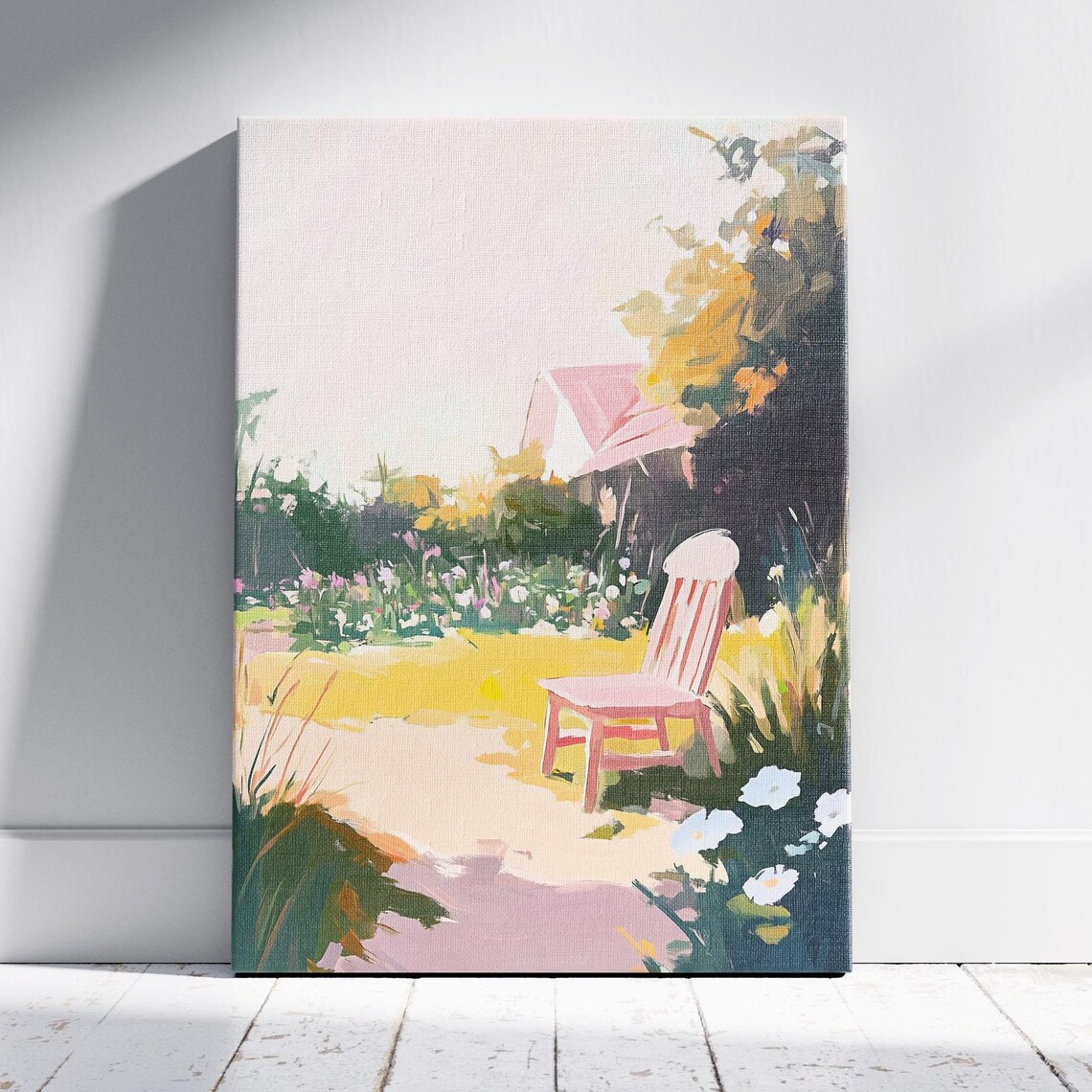 Pink Garden Chair in Sunny Flower Garden Pastel Wall Art Poster