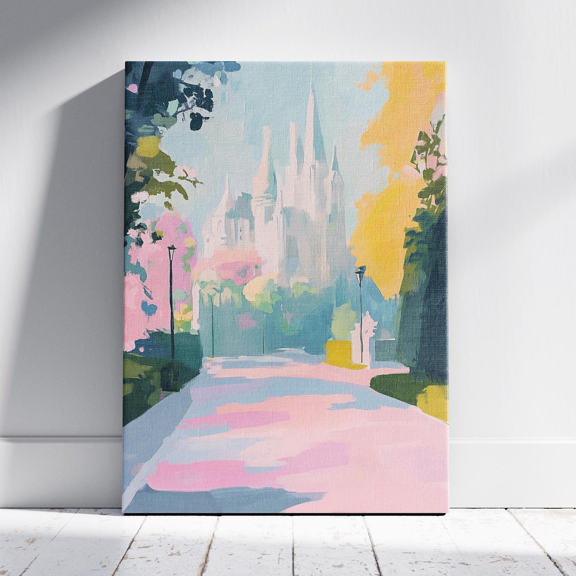Pastel Street White Cathedral Spires Spring Trees Wall Art Print
