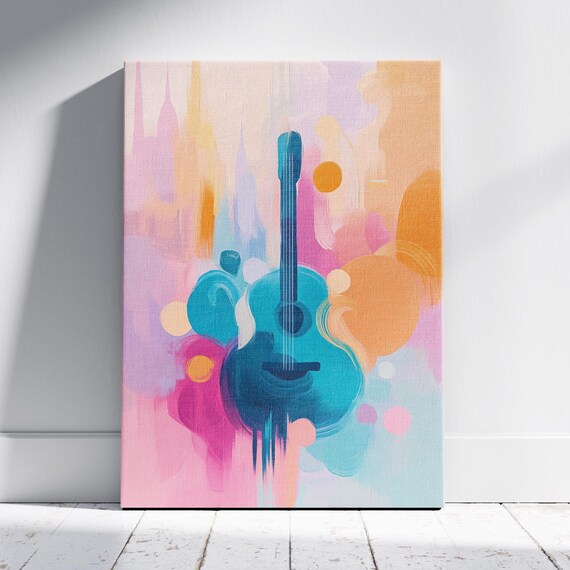 Teal Acoustic Guitar Colorful Abstract Pastel Music Art Poster