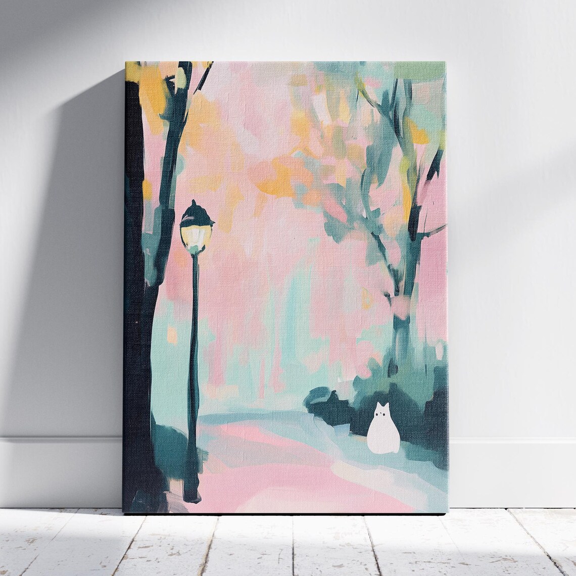 White Cat on Park Path Lamppost Pastel Blossom Night Wall Art Print