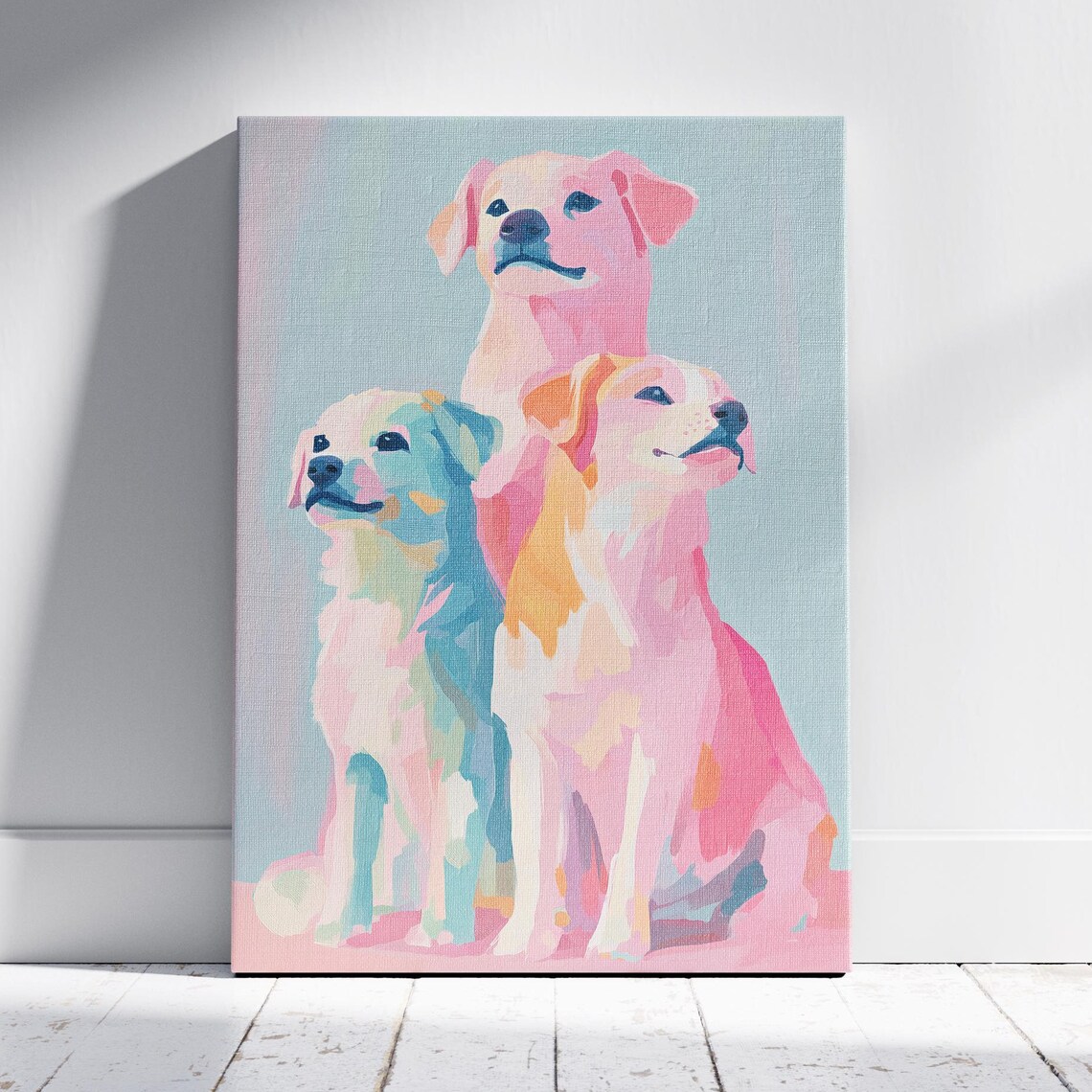 Three Pastel Colorful Dogs Cute Puppy Portrait Wall Art Print Poster