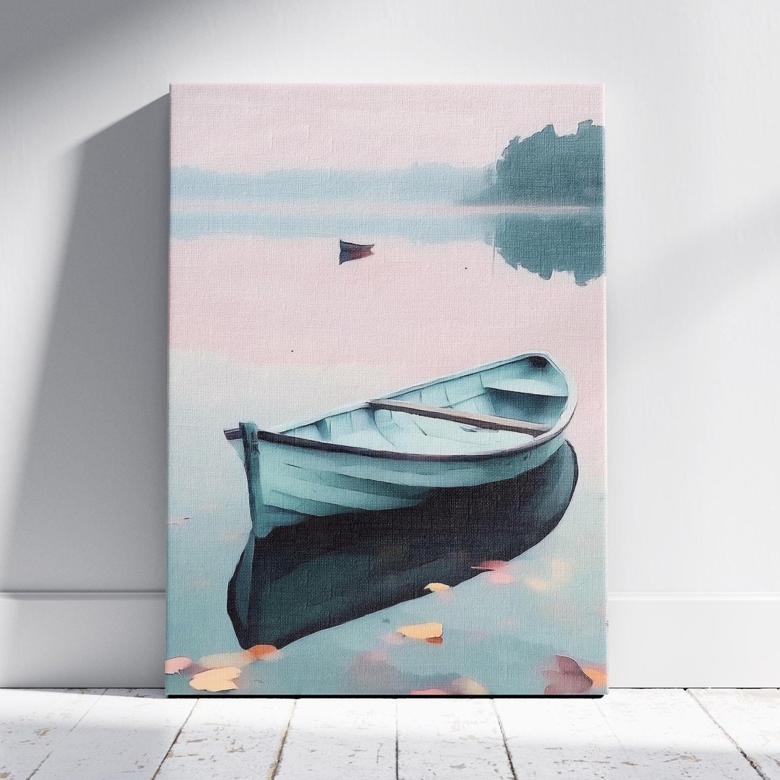 Wooden Rowboat Drifting on Blush Pink Sunset Water Pastel Art Poster