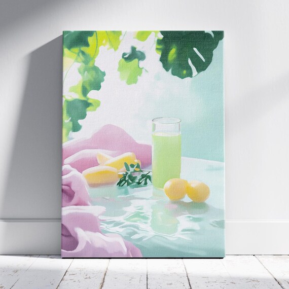 Fresh Lemon Juice Glass with Lemons Tropical Leaves Pastel Kitchen Poster