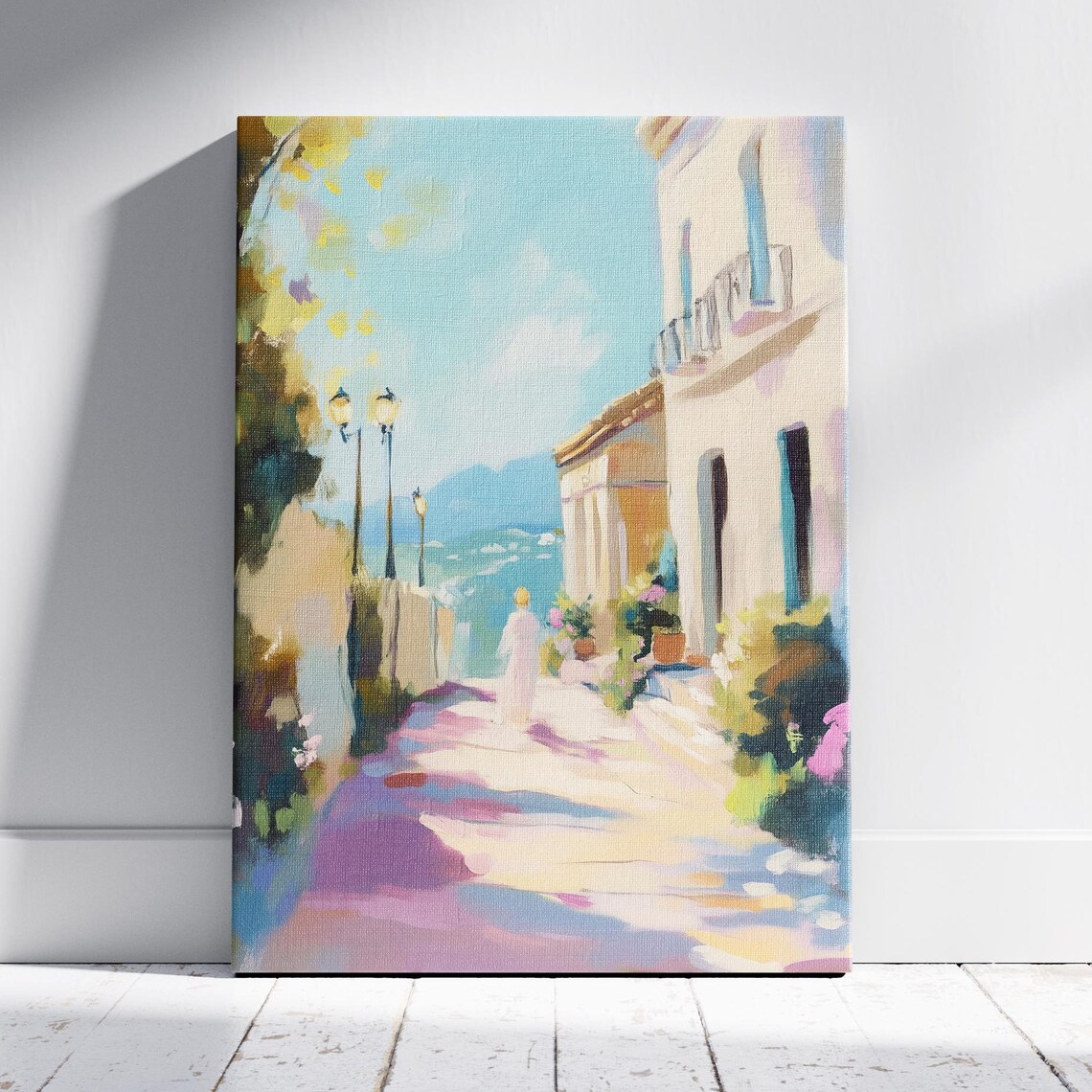 Coastal Town Street at Sunset Pastel Mediterranean Travel Poster