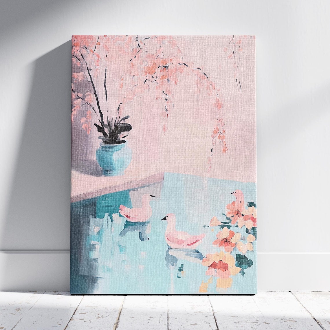 Pink Ducks Swimming in Turquoise Pond Chinoiserie Pastel Wall Poster