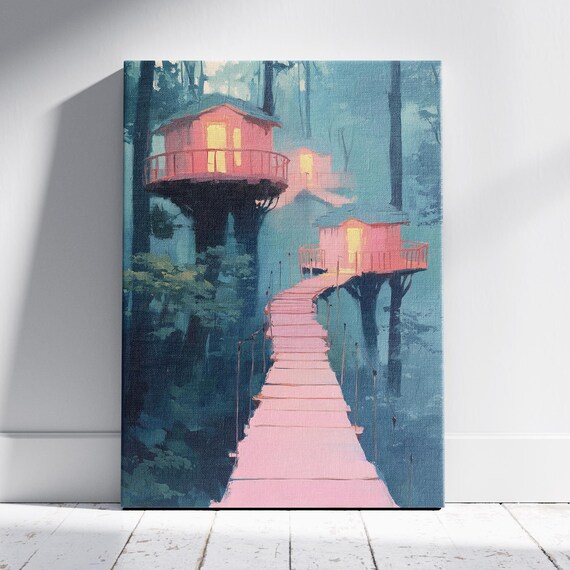 Glowing Treehouses in a Misty Forest Wooden Walkway Fantasy Art Poster