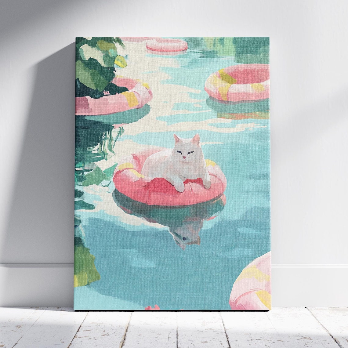 Funny Lazy White Cat on Pink Float Turquoise Summer Pool Poster