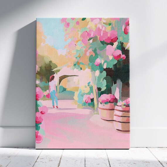 Woman Strolling Pink Flower Garden Arch Pastel Oil Painting Wall Poster
