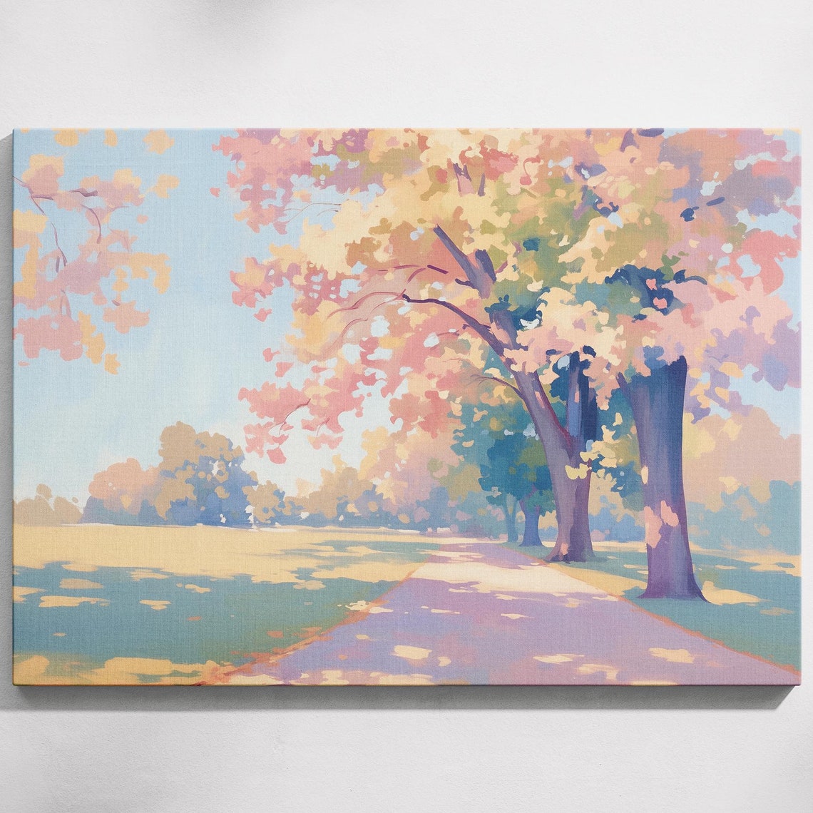 Sunlit Park Path Pink Gold Blooming Trees Cottagecore Art Poster