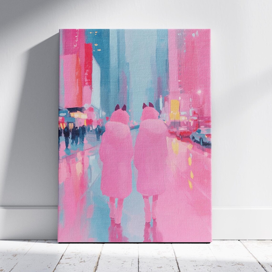 Two Girls In Pink Coats Neon City Night Rain Walk Art Poster