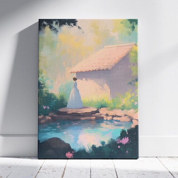Pastel Woman in White Dress by a Pond Near a Stone Cottage Art Poster