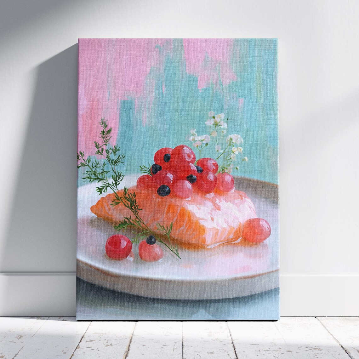 Salmon Fillet with Red Berries Pastel Food Painting Art Poster