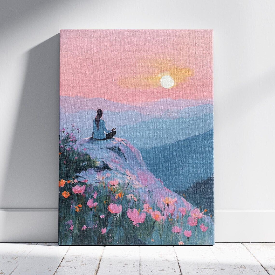 Woman Meditating at Pink Sunrise Mountain View Travel Poster