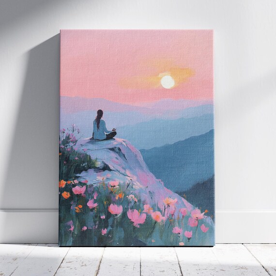 Pastel Serene Solitude Pink Sky Landscape Pastel Sunrise Decor Peaceful Nature Art Dawn Artwork Sunrise Painting Mountain Range Art