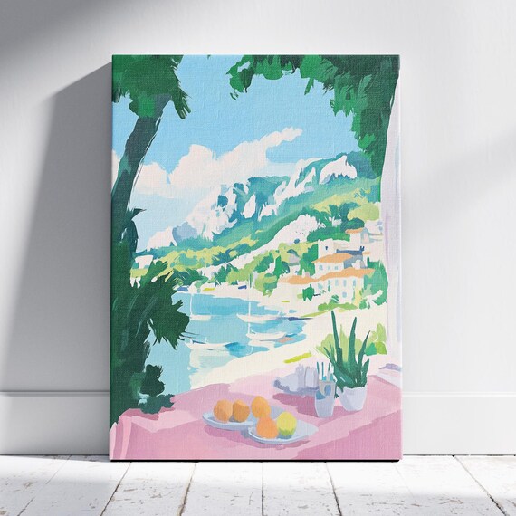 Terrace Table Fruit Plate Coastal Town View Summer Wall Art Print