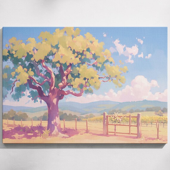Spreading Tree Golden Meadow Wooden Fence Rolling Hills Art Poster