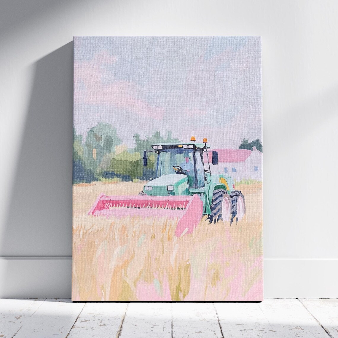 Green Tractor Harvesting Golden Wheat Field Farm Harvest Art Poster