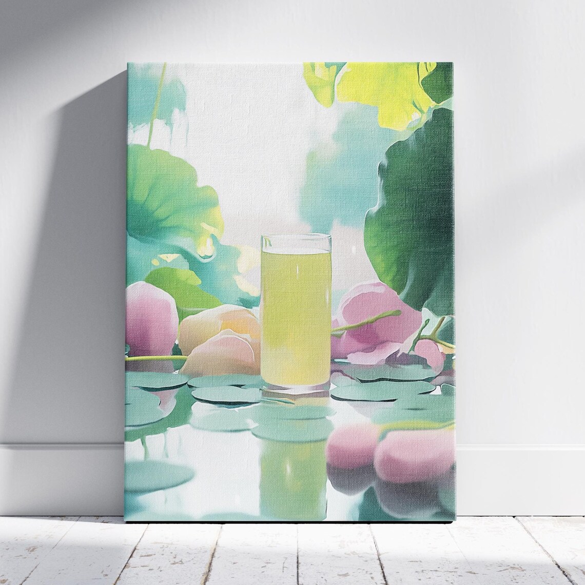 Lemon Juice Glass Among Lotus Flowers Pastel Watercolor Kitchen Poster