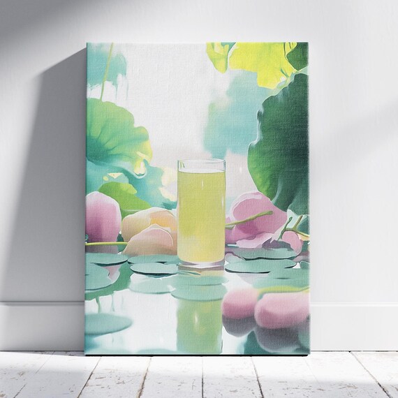 Lemon Juice Glass Among Lotus Flowers Pastel Watercolor Kitchen Poster