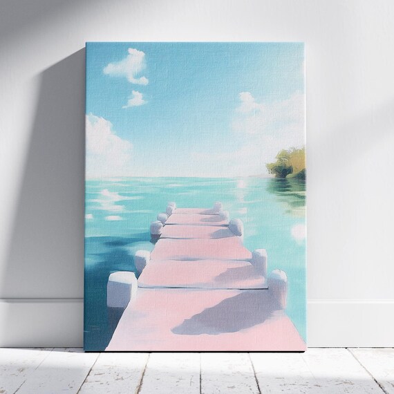 Pastel Pink Dock on Turquoise Sea Serene Coastal Travel Poster