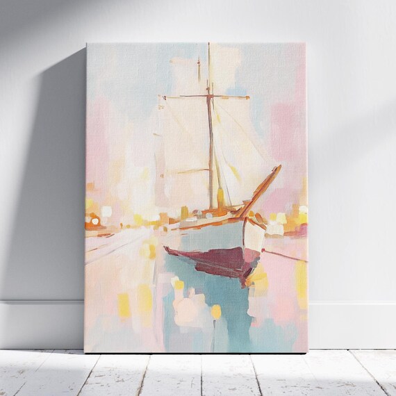 Sailboat in a Soft Pink Harbor Morning Haze Nautical Wall Art Poster Print