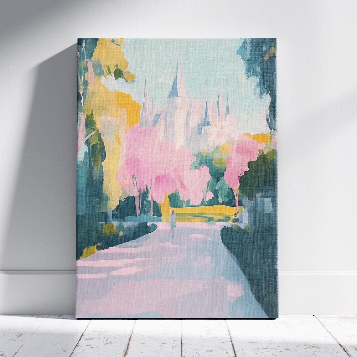 Pink Cherry Blossom Trees Framing Gothic Cathedral Panoramic Art Poster