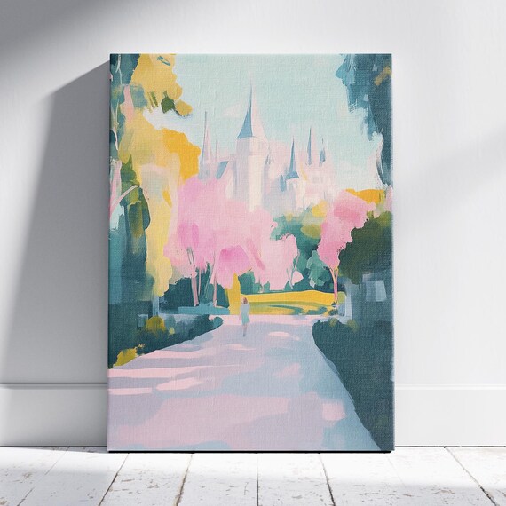 Pink Cherry Blossom Trees Framing Gothic Cathedral Panoramic Art Poster