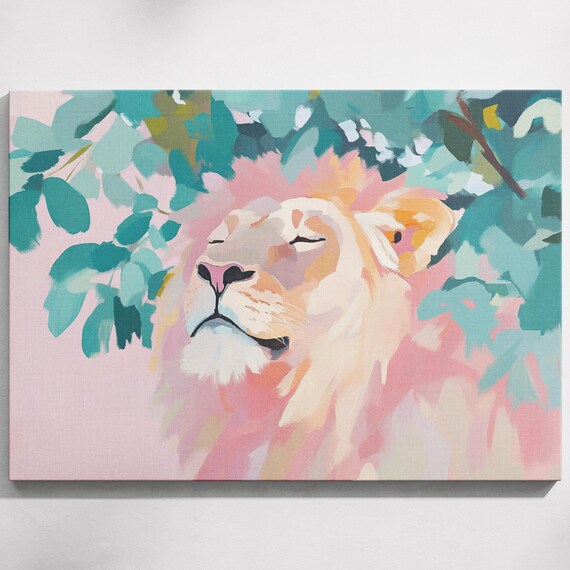 Serene Lion Portrait Resting Under Leaves Pink Teal Pastel Painting Poster