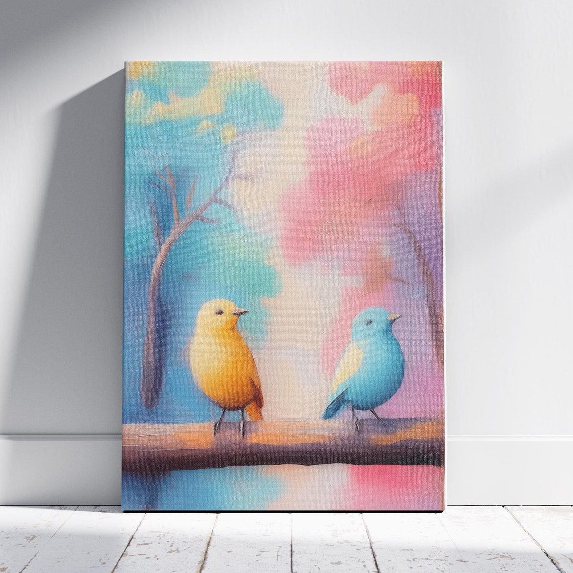 Two Colorful Birds on a Branch Yellow and Blue Pastel Wall Art Poster