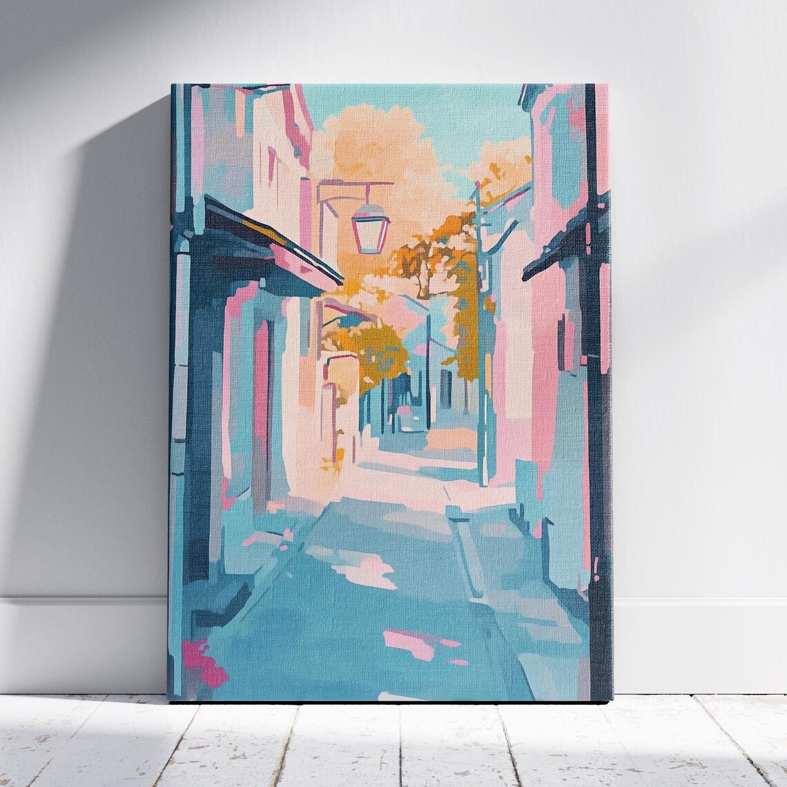 Dreamy Pastel Alley With Vintage Lamp Post Old Street Art Poster