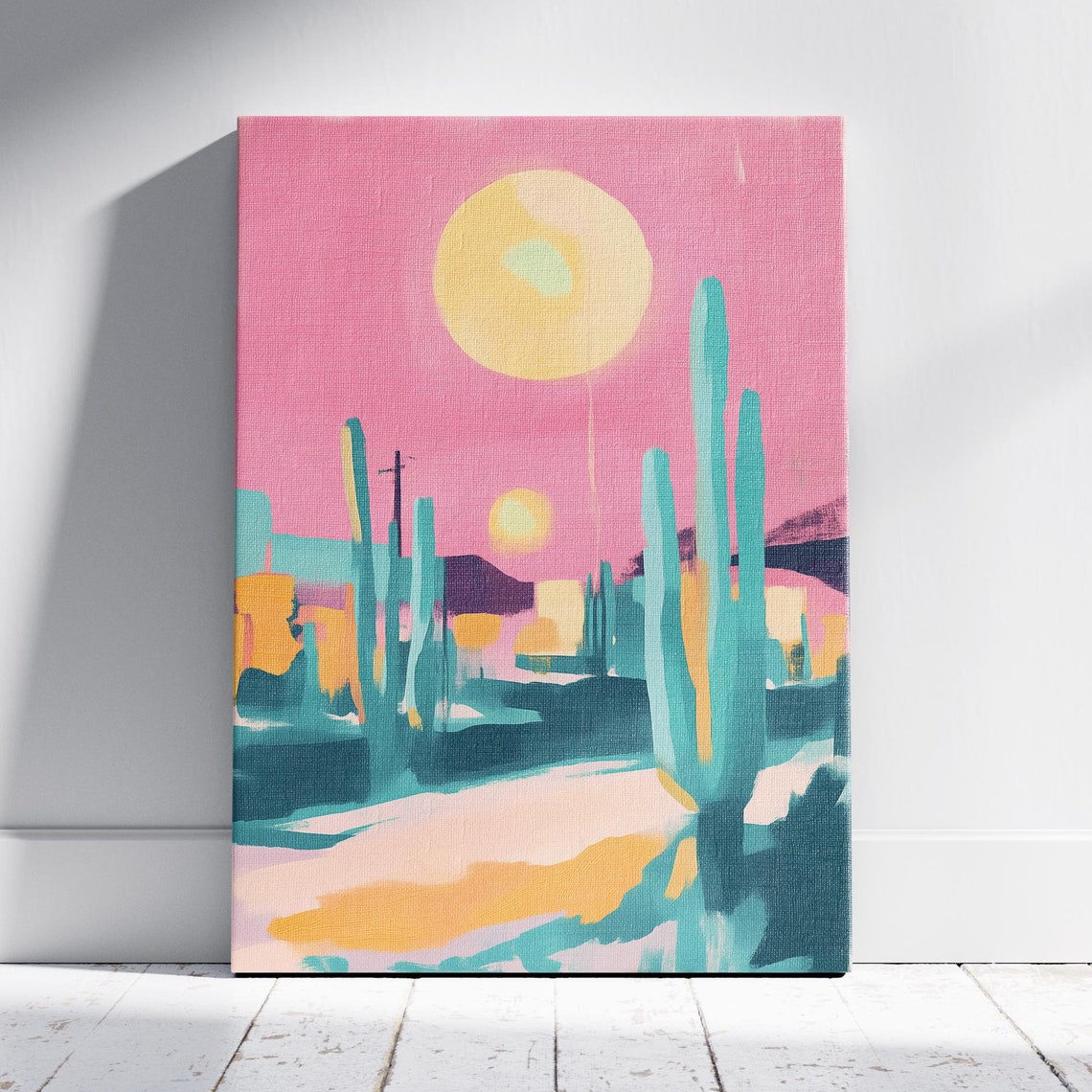 Abstract Desert With Twin Suns Teal Saguaro Modern Art Poster