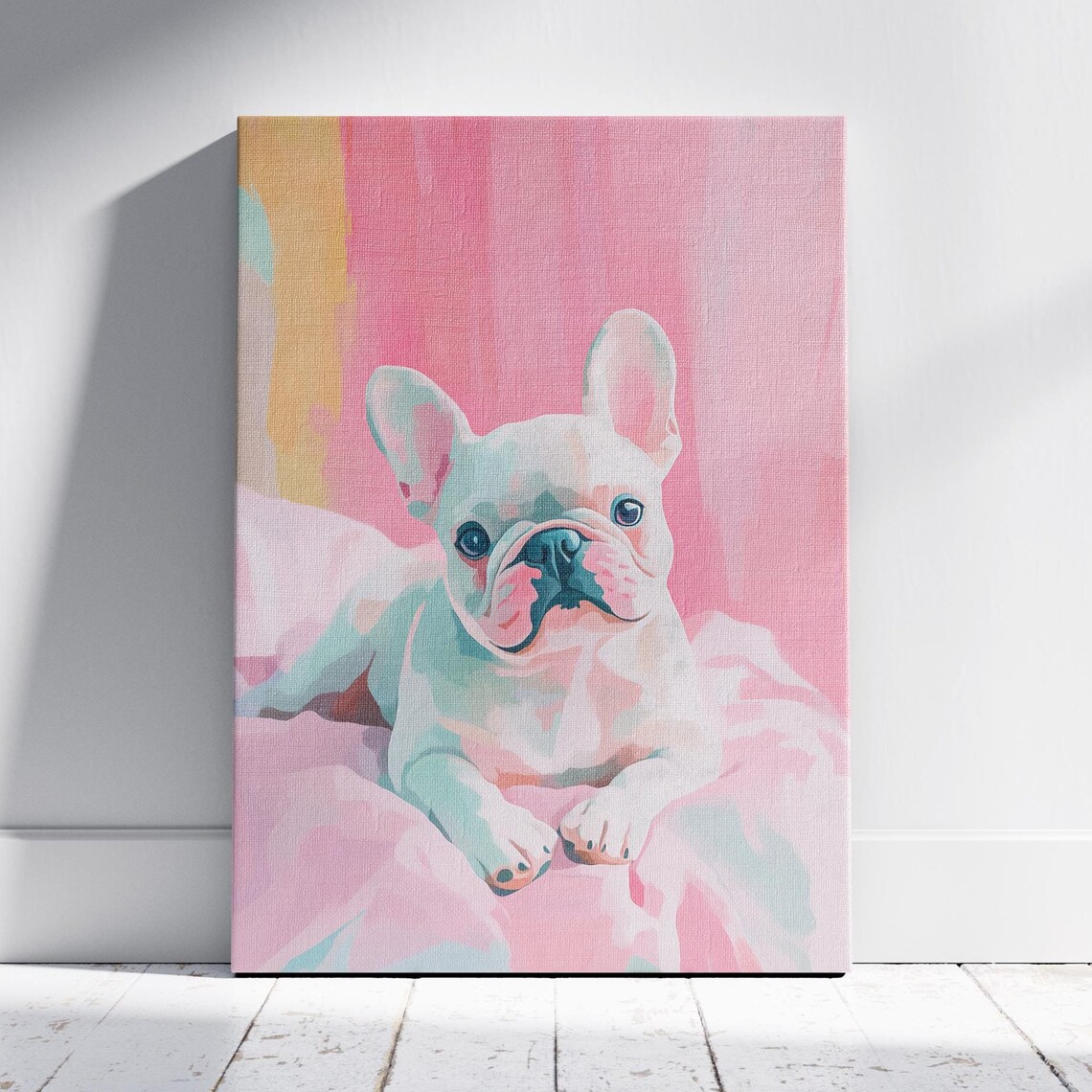 Adorable White French Bulldog Puppy Pastel Pet Portrait Art Poster