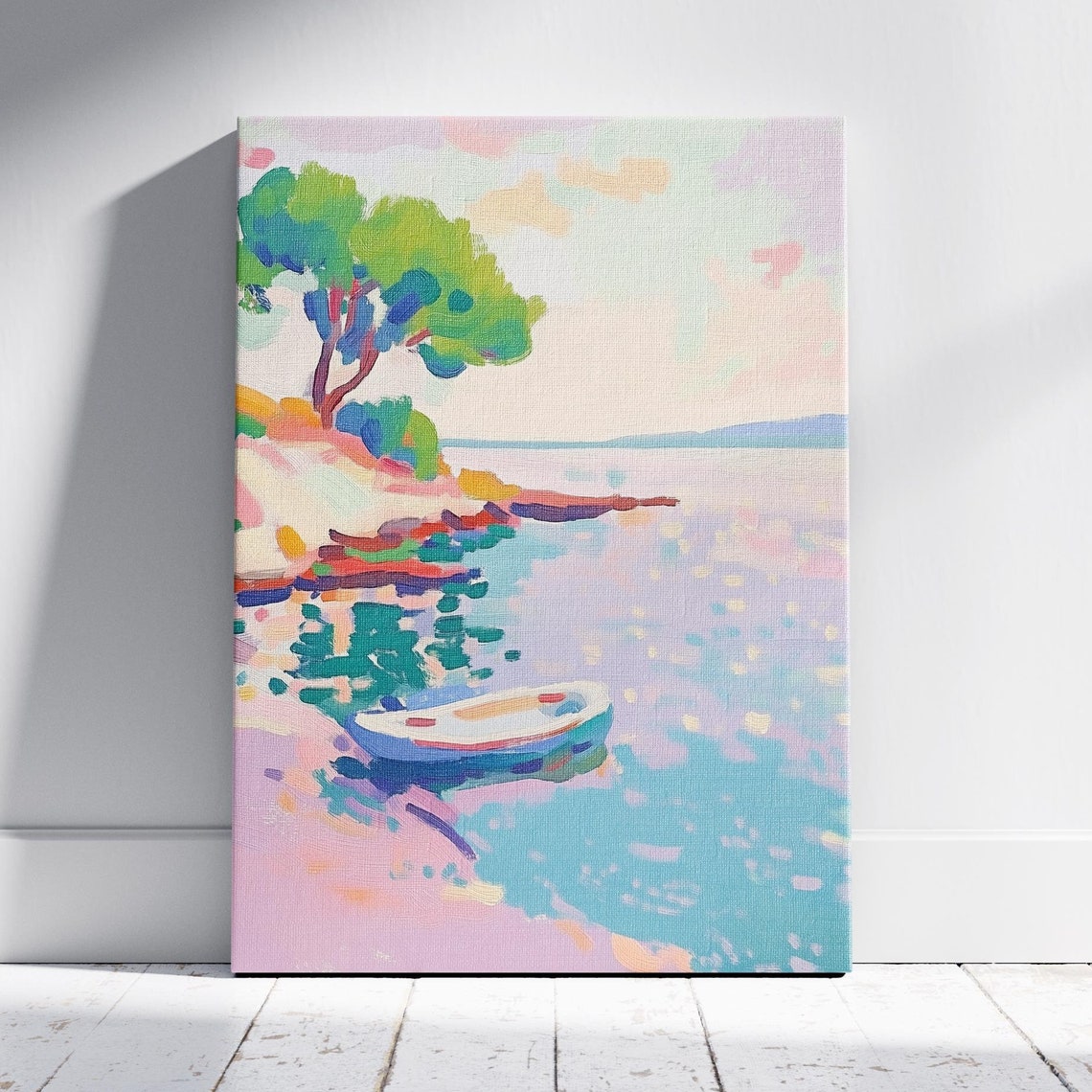 Pastel Lakeside Rowboat Pine Trees Calm Water Wall Art Print