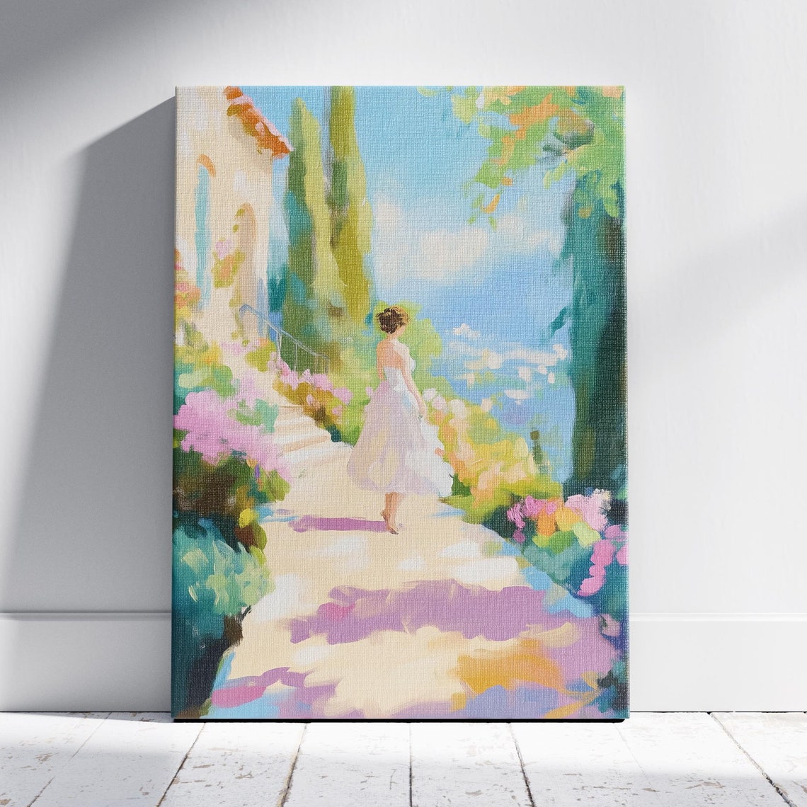 Woman Walking Mediterranean Villa Garden Flower Path Travel Poster