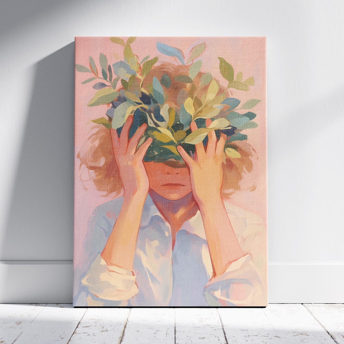 Woman Holding Leafy Branches Over Her Face Blush Pink Art Poster