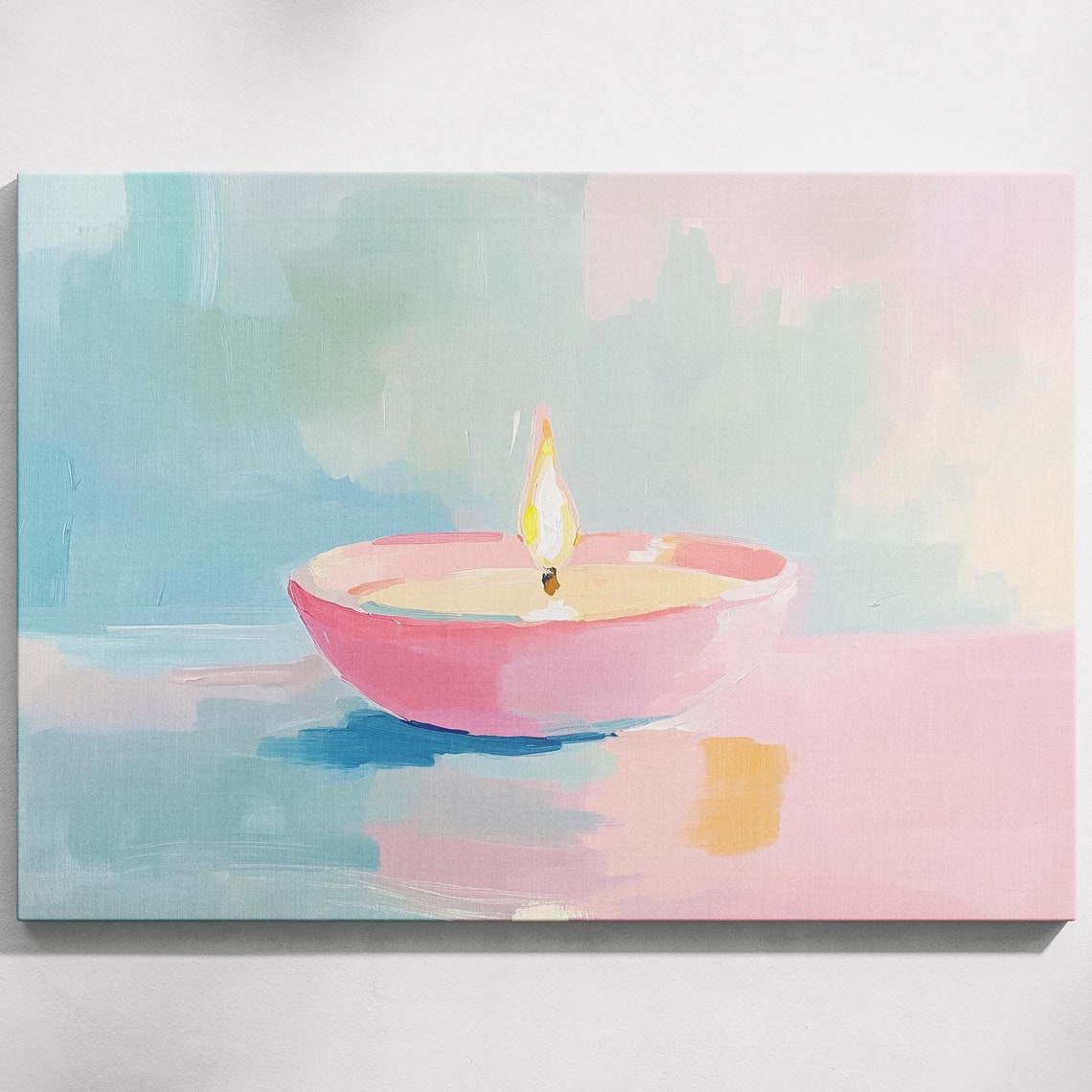 Lit Pink Candle Bowl Soft Flame Calming Minimalist Art Poster