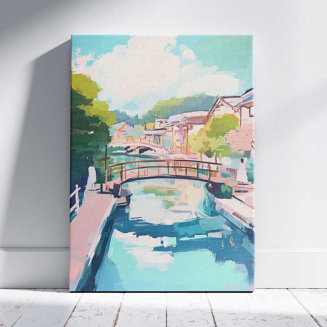 Arched Bridge Over Turquoise Canal in Old Town Pastel Travel Poster