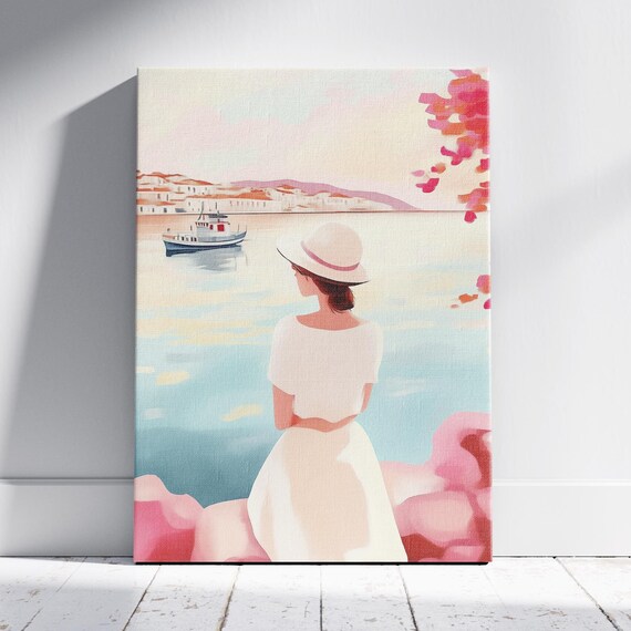 Mediterranean Harbor Woman Overlooking Boat Coastal Scene Art Poster