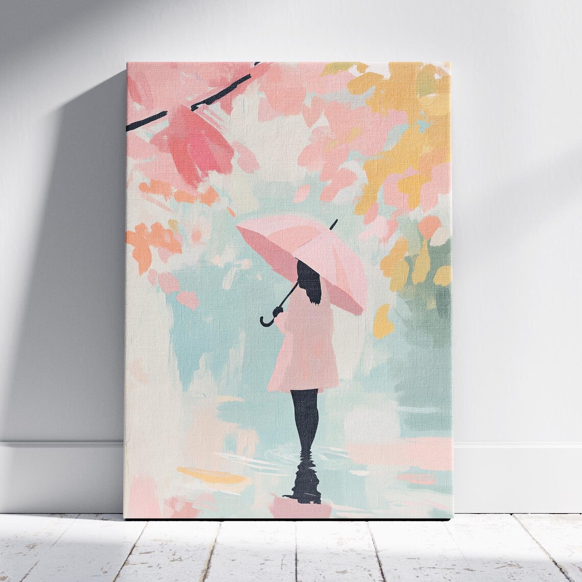 Girl with Pink Umbrella Walking in Rainy Autumn Pastel Coquette Wall Poster