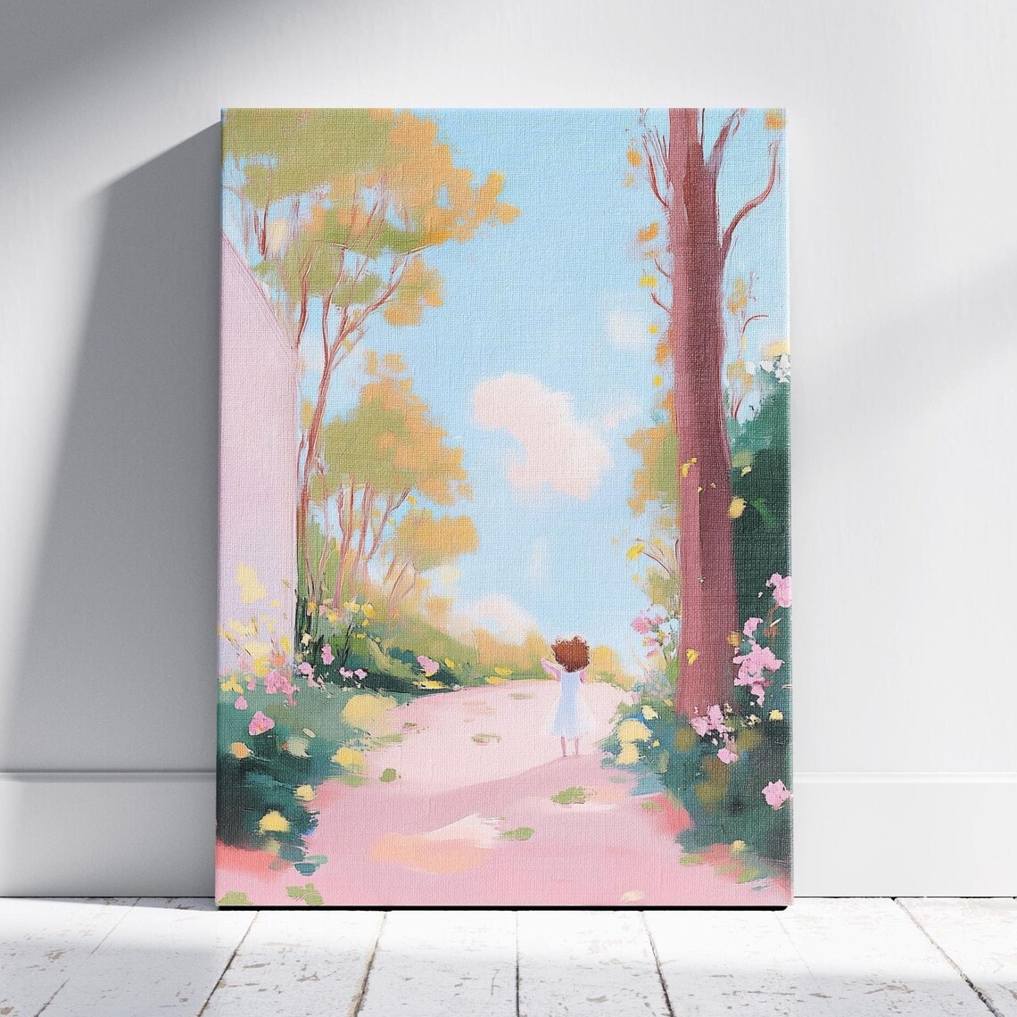 Little Girl Strolling Pink Flower Garden Path Pastel Art Poster