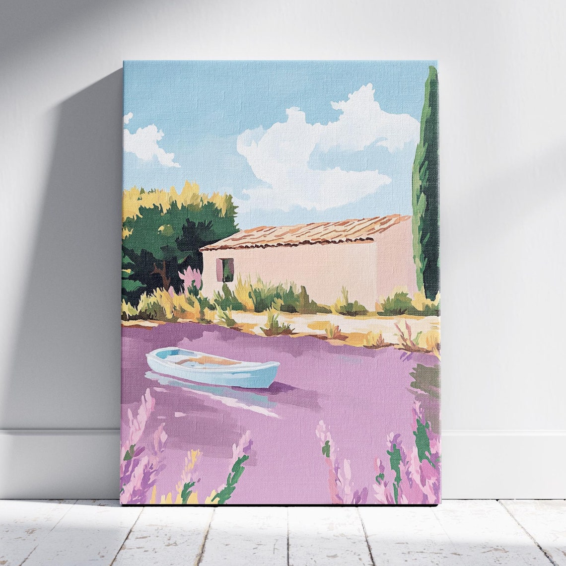 Blue Rowboat on Lavender Water by Pink Cottage Coastal Painting Poster