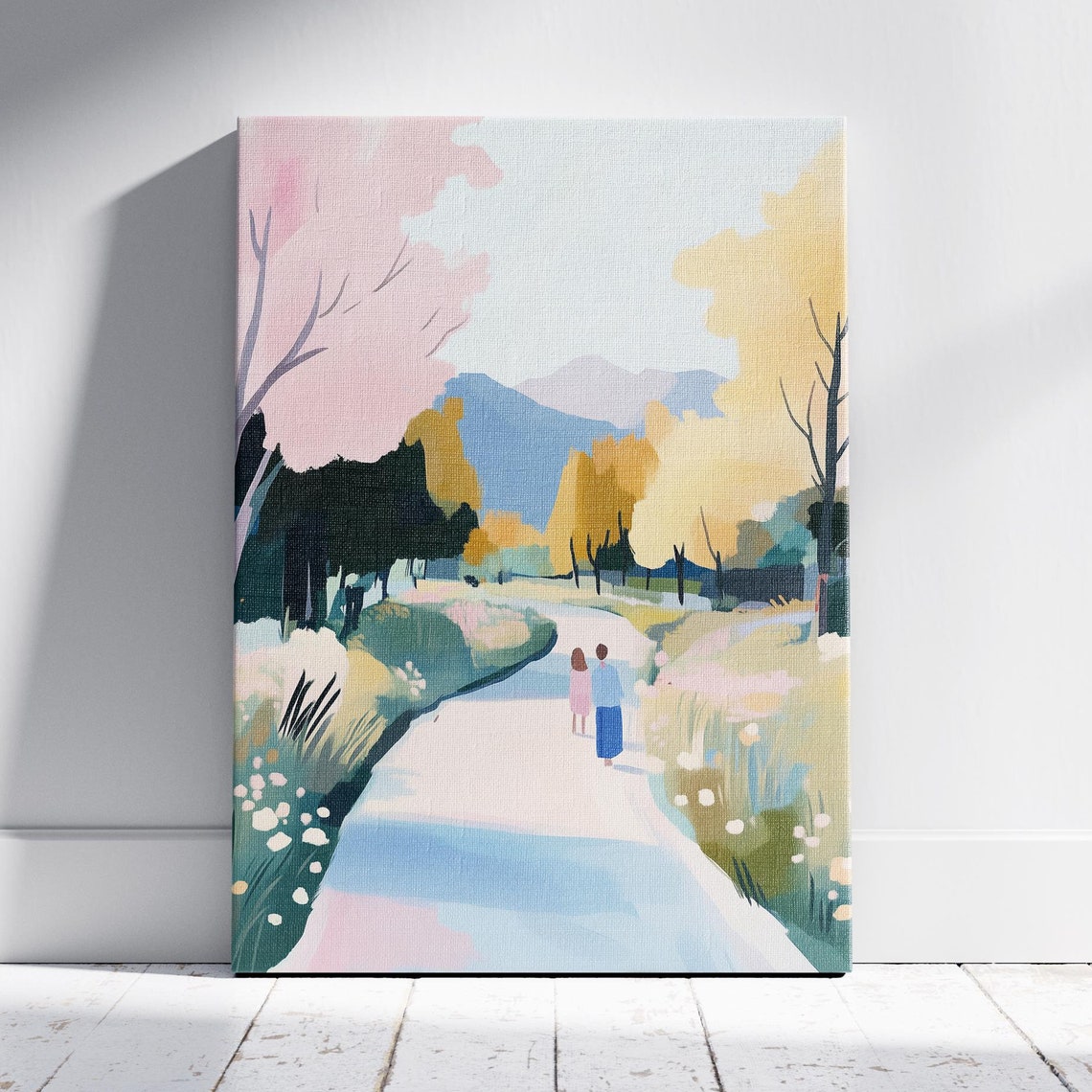 Couple Walking Country Path Pastel Mountains Spring Wall Art Print