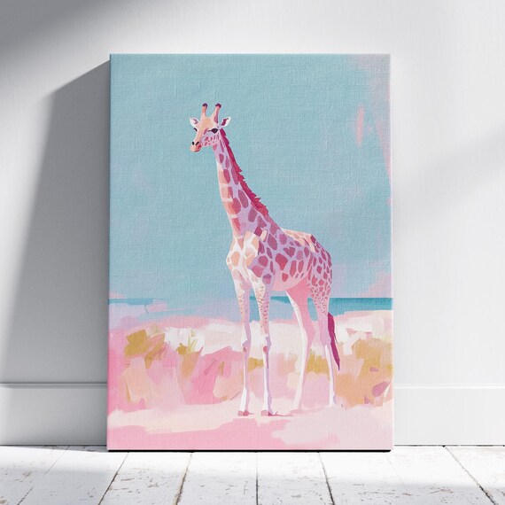 Cute Pink Pastel Giraffe Standing On Savannah Teal Sky Art Print