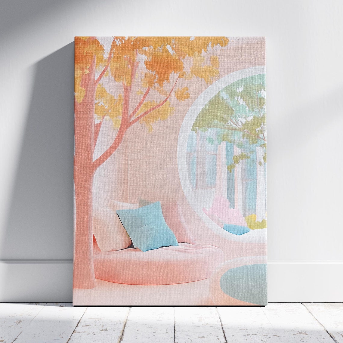 Dreamy Pastel Reading Corner with Round Window Daybed Cozy Wall Poster