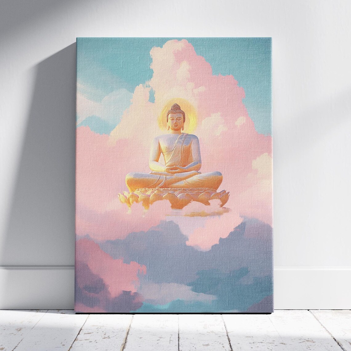 Golden Buddha on Lotus Throne in Pink Clouds Pastel Meditation Wall Poster