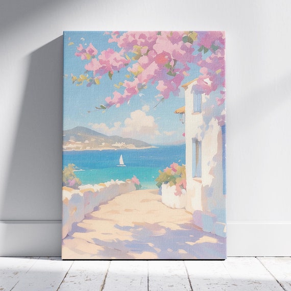 Greek Stone Road Print Bougainvillea Print Greek Pastel Tree Print Stone Road Watercolor Art Wall Art Prints