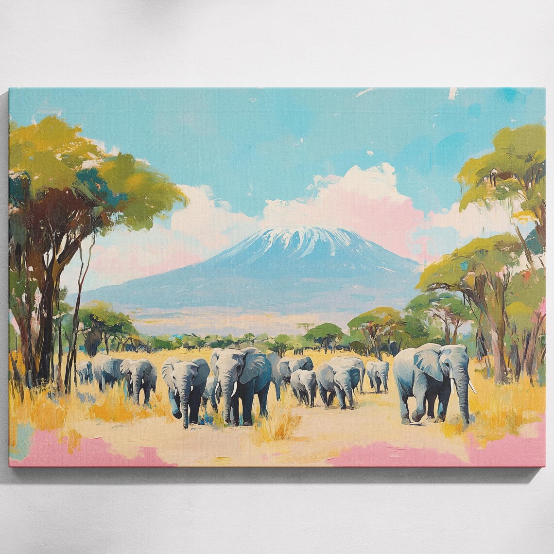 Elephants Crossing Savannah Snow Capped Mount Kilimanjaro Africa Wildlife Poster