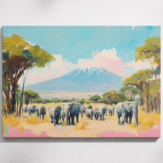 Elephants Crossing Savannah Snow Capped Mount Kilimanjaro Africa Wildlife Poster