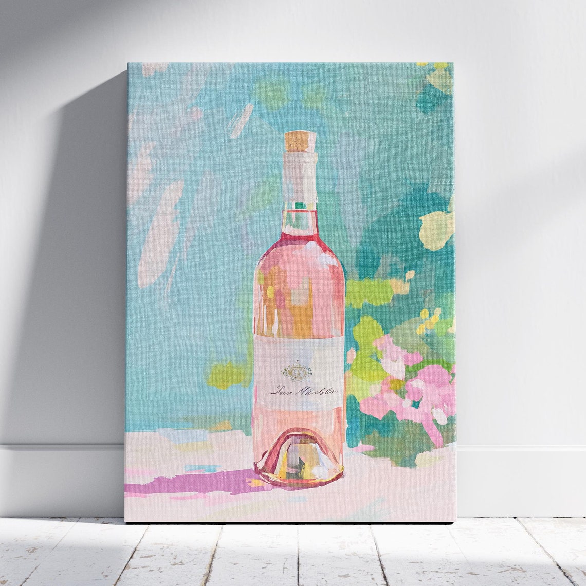 Bottle Of Pink Rose Wine With White Label Pastel Bar Cart Art Poster